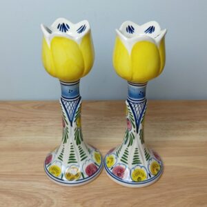 Pair Of Hand Painted Dutch Delft Ceramic Tulip Candlesticks